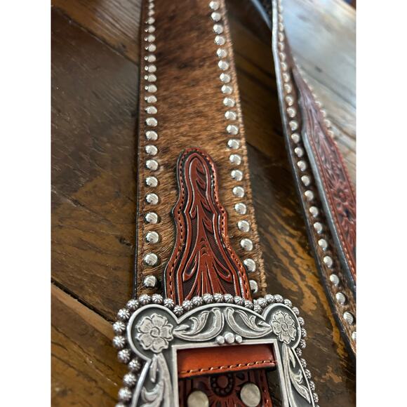 Nocona Hair-On Hide Western Belt M Tooled Leather Inlay Silver Studs - Picture 3 of 7